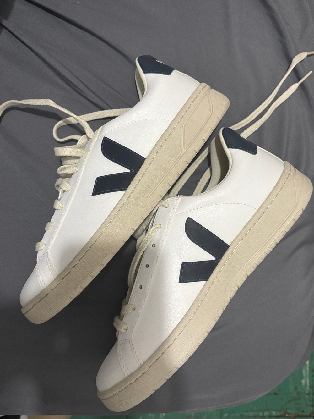 Veja Men's White Sneakers with Navy V Detail